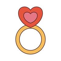 Vector ring with heart in retro style. Groovy jewelry 70s 90s. Y2k illustration with heart shaped ring in flat design.