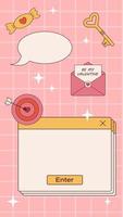 Vector retro Ig stories template for Valentines day. Vintage frame for text 90s y2k. Romantic background with hearts and stars. Love. Social media design. Modal window with enter button.