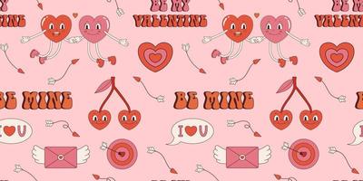 Vector retro seamless pattern for Valentines day. Love and romance. Heart shaped characters, love phrases and arrows on pink background. Target with heart in center and flying envelope with wings.