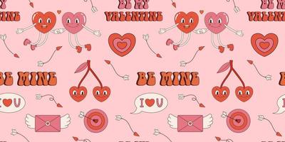 Vector retro seamless pattern for Valentines day. Love and romance. Heart shaped characters, love phrases and arrows on pink background. Target with heart in center and flying envelope with wings.