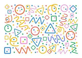 Colorful pattern. Circles, triangles, serpentine, dots, squares, rhombus and zigzag. Fun colorful line doodle shape background. vector