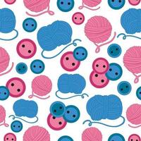 Knitting seamless pattern. Buttons. Blue and pink colors. Wool threads. vector