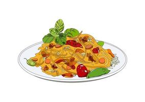 fideos de pasta italiana con tomate, carne, queso y albahaca. Recetas de comida de fideos italianos. menú de fideos de espagueti de pasta vegana primer plano ilustración vectorial. vector