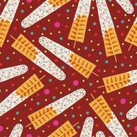 Sweet food and dessert food, vector seamless pattern of golden brown homemade corn dog or hot dog waffle on a stick in various flavors decorations and white chocolate. Print, textile, fabric, wrapping