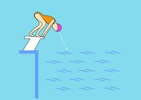 Push off the tower, jump into the water in swimming pool. vector