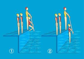 Vector characters swimmers in action poses. Young girls jump in swimming pool. Set or collection. Learn how to swim. Sport. Teacher help children with stick.
