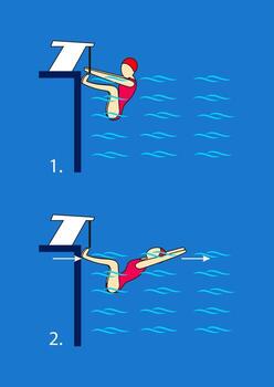 Push against the walls and swim with the back in arrow position. Swimming pool. Exercises. vector