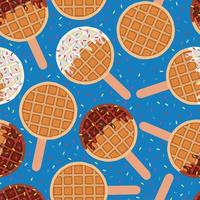Sweet food and dessert food, vector seamless pattern of circle golden brown homemade corn waffle on a stick in various flavors decorations and white, black chocolate. Print, textile, fabric, wrapping