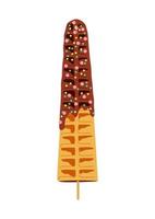 Sweet food and dessert food, vector illustration of golden brown homemade corn dog or hot dog waffle on a stick in various flavors decorations and chocolate.