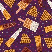 Golden brown homemade corn dog or hot dog and hearts shape waffle desserts seamless pattern. Isolated on dark violet background. Wrapping paper, textile, print, wrapping paper.... vector