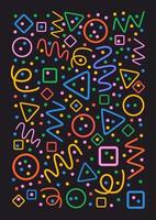 Colorful pattern. Circles, triangles, serpentine, dots, squares, rhombus and zigzag. Fun colorful line doodle shape background. Isolated on black. vector