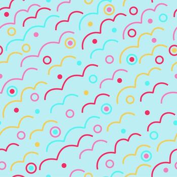 líneas onduladas y círculos, puntos sobre fondo azul claro. patrón sin costuras estampado abstracto de garabatos, textil, tela, papel de regalo. lineas estilizadas de nubes.... vector