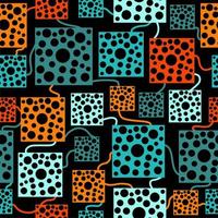 Colorful seamless pattern. Bright abstract squares and circles on black background. Print, textile, wrapping paper, fabric. Modern crazy shapes. vector