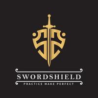 Initial Letter SS Shield shape and sword logo template in gold color vector