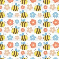 Fresh Colorful Spring Pattern With Bees And Flowers Vector Illustration In Flat Style