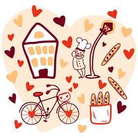 A sleepy cook and a bicycle in love heart-shaped pattern for Valentine Day. Hand drawn vector illustration for decor and design.