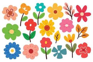 juego de pegatinas de flores y hojas de dibujo a mano vector