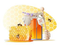 A jar of honey decorated with lavender with a honeycomb and a spoon on a yellow background. Advertising poster, banner background, natural product poster. vector