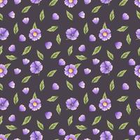 patrón transparente con flores de color púrpura y hojas verdes. papel pintado, tela, textil, fondo. vector