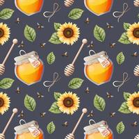 Seamless pattern with honey jar, sunflower, leaves and spoon. Honey products. Great for textiles, wrapping paper, wallpapers. vector