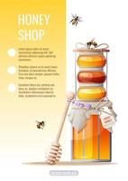 Flyer design, advertising banner with a natural useful product-honey. Honey shop, health and sweet products. Vector illustration of poster in a4 size for flyer, banner, postcard, poster, etc.