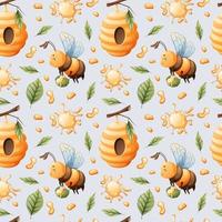 Vector seamless pattern with cute bees, honey, hive and flowers. Great for textiles, wallpapers, backgrounds