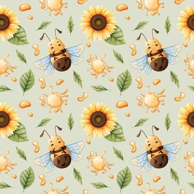 Vector seamless pattern with cartoon bees, honey, sunflowers on a green background. Great for textiles, wallpapers, backgrounds