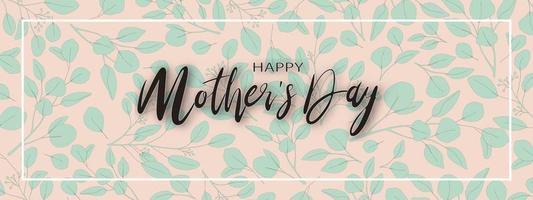 Mother's day banner with Eucalyptus branches leaves border on peach background, Vector illustration horizontal backdrop of greenery leaves and gold element frame, Flat design of beautiful botanical