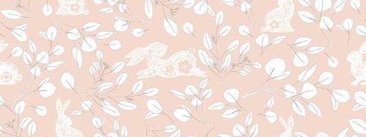 Seamless Rabbit Paper Cut with Doodle Flower,leave on beige background,Vector Chinese New year Zodiac 2023 sign element, Fabric Pattern Easter Bunny with Floral fancy hare for Print Wrapping Pape vector