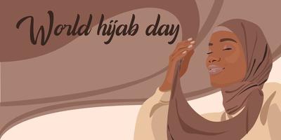 día mundial del hiyab. una mujer musulmana en un hiyab. mujer árabe 1 de febrero feliz día mundial de la mujer en hiyab. ilustración vectorial de una chica con un pañuelo en la cabeza. el anuncio vector