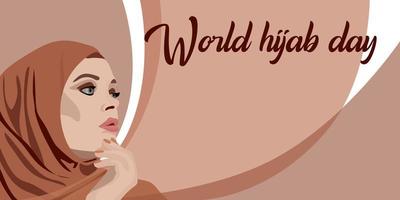 World Hijab Day. A Muslim woman in a hijab. Arab woman. 1 February. Happy World Women's Day in Hijab. Vector illustration of a girl in a headscarf. The banner