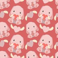 Pattern of soft toys. Pink rabbit with a toy in his hands and in different poses. Background for printing on textiles and paper. Gift packaging for children's parties. Background for boys and girls vector