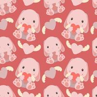 Pattern of soft toys. Pink rabbit with a toy in his hands and in different poses. Background for printing on textiles and paper. Gift packaging for children's parties. Background for boys and girls vector