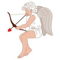 An illustration of a small cupid with a bow and arrow, which aims. a little boy with wings flies and aims love arrows at couples. The theme of Valentine's Day. Retro love vector