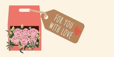 Illustration of a beautiful gift bouquet highlighted on a white background in a flat style. A bouquet in a pink package with a greeting tag. Printing on paper and textiles of postcards, banners thanks vector