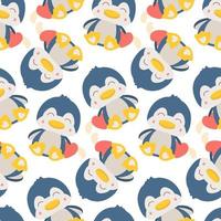 A pattern of soft toys. A blue penguin with a toy in his hands and different poses. Background for printing on textiles and paper. Gift packaging for children's parties. Background for boys and girls vector