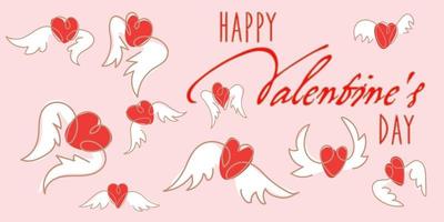 Happy Valentine's day inscription with flying hearts around. A greeting card for the holiday in vintage style. Background for printing on paper. A gift valentine. vector