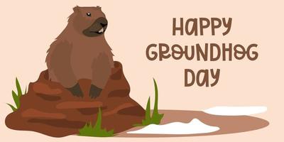 Vector design of Groundhog Day printing house for greeting cards and posters. The inscription of the greeting. The groundhog got out of the hole. Vector illustration.