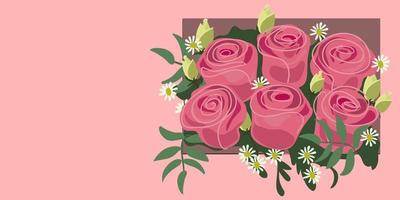 la ilustración parece un ramo de rosas rosadas que sobresalen del marco sobre un fondo rosa. fondo con una ilustración para las vacaciones con un lugar para el texto. el tema es el día de san valentín. vector