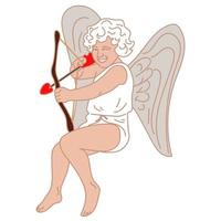 An illustration of a small cupid with a bow and arrow, which aims. a little boy with wings flies and aims love arrows at couples. The theme of Valentine's Day. Retro love vector