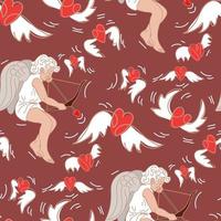 A pattern of cupids shooting at hearts and looking for a soul mate. Hunting for flying hearts. Angels with wings bows and arrows. Printing on textiles and paper. Cute retro style gift wrapping vector