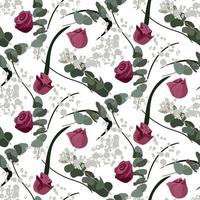 A pattern of rosebuds with green eucalyptus twigs and decorative leaves on a white background. Delicate background for printing on paper and textiles. Printing for packaging, holiday cards vector