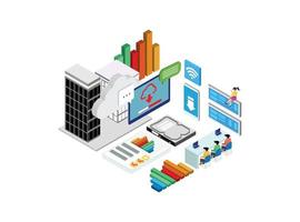 ilustración de tecnología de procesamiento de base de datos de nube inteligente isométrica moderna en fondo blanco aislado con personas y activos digitales relacionados vector