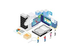 ilustración de tecnología de procesamiento de base de datos de nube inteligente isométrica moderna en fondo blanco aislado con personas y activos digitales relacionados vector