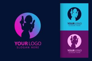 Beautiful woman holding gun logo. Colorful symbol template vector branding design. Isolated with soft background.