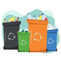 Waste sorting, Sorting waste for recycling, garbage sorting, recycling bins. Different types of garbage paper, plastics, glass, organic.Modern flat vector illustration.