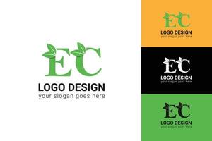 Ecology EC letters logo with green leaf. EC letters eco logo with leaf. Vector typeface for nature posters, eco friendly emblem, vegan identity, herbal and botanical cards etc.