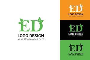 Ecology ED letters logo with green leaf. ED letters eco logo with leaf. Vector typeface for nature posters, eco friendly emblem, vegan identity, herbal and botanical cards etc.