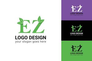 Ecology EZ letters logo with green leaf. EZ letters eco logo with leaf. Vector typeface for nature posters, eco friendly emblem, vegan identity, herbal and botanical cards etc.