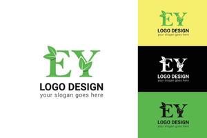 Ecology EY letters logo with green leaf. EY letters eco logo with leaf. Vector typeface for nature posters, eco friendly emblem, vegan identity, herbal and botanical cards etc.